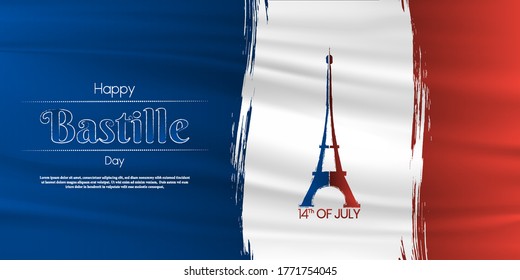 Happy Bastille Day, 14th of July, brush stroke holiday greeting card, Illustration, Banner Or Poster For The French National Day.