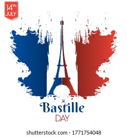 Happy Bastille Day, 14th of July, brush stroke holiday greeting card, Illustration, Banner Or Poster For The French National Day.