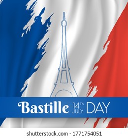 Happy Bastille Day, 14th of July, brush stroke holiday greeting card, Illustration, Banner Or Poster For The French National Day.