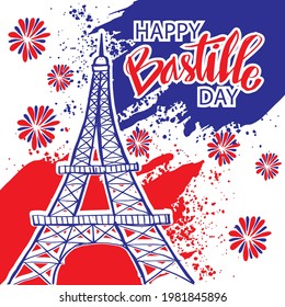 Happy Bastille Day, 14th of July. Holiday greeting card with Eiffel tower.