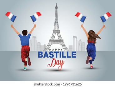 happy bastille day 14th July. a boy and girl running with France flag. vector illustration design.