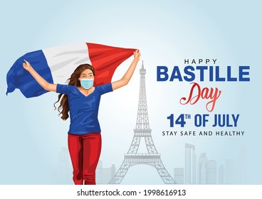happy bastille day 14th July, girl running with France flag. vector illustration design. greeting card covid19, coronavirus concept.
