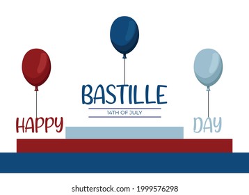 happy bastille day 14th of July beautiful lettering with flying balloons in the color of France flag vector design