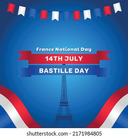 Happy Bastille Day, 14th July. France National Day Background with Eiffel Tower and Flags of France. Vector Illustration