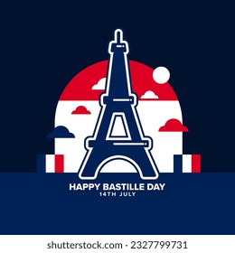 Happy bastille day 14th july celebration with french flags and eiffel tower vector