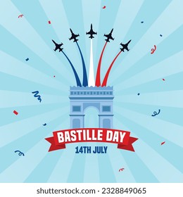 Happy Bastille Day 14th July Celebration Banner, Greeting Card Template. Arc de Triomphe, Plane Parade and Confetti Vector Illustration