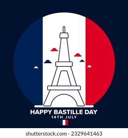 Happy bastille day 14th july celebration with french flags and eiffel tower vector