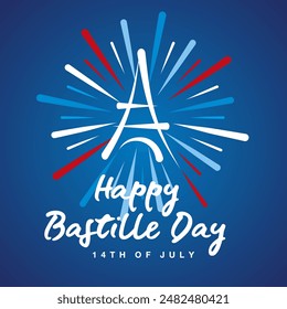 Happy Bastille Day 14th of July Handwritten typography text with simple tour Eiffel and blue white red firework on blue background