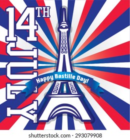 Happy Bastille Day. 14th july. French National Day vector illustration with Eiffel Tower.