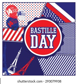 Happy Bastille Day. 14th july. French National Day vector illustration with Eiffel Tower.