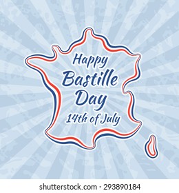 Happy Bastille Day and 14th July. Greeting card for French National Day. Retro with vintage background.