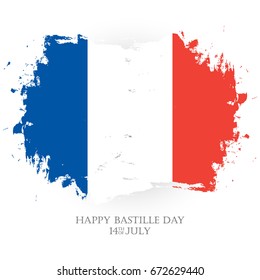 Happy Bastille Day. 14th of July holiday greeting card with french national flag brush stroke background.  Vector illustration.