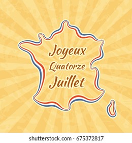 Happy Bastille Day and 14th July. Greeting card for French National Day. Retro with vintage background.