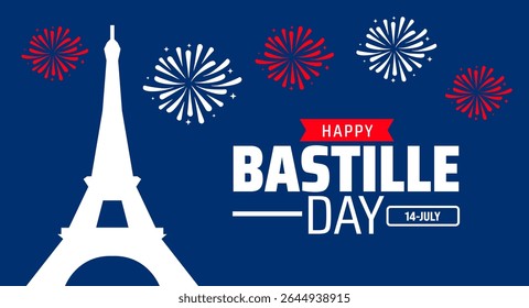 Happy Bastille Day background or banner design. White Eiffel Tower with Red and White Fireworks on Blue Background, Celebrating French National Holiday.