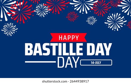 Happy Bastille Day background or banner design. Red and White Fireworks Exploding on a Dark Blue Background, Celebrating French National Holiday on 14 July.