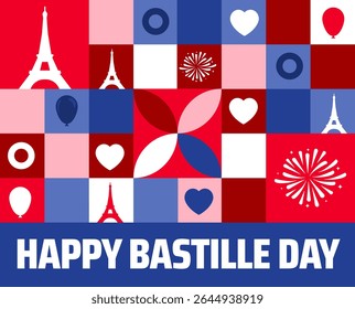 Happy Bastille Day background or banner design. French Flag Colors with Eiffel Towers, Hearts, Balloons, and Fireworks in a Dynamic Tiled Pattern.