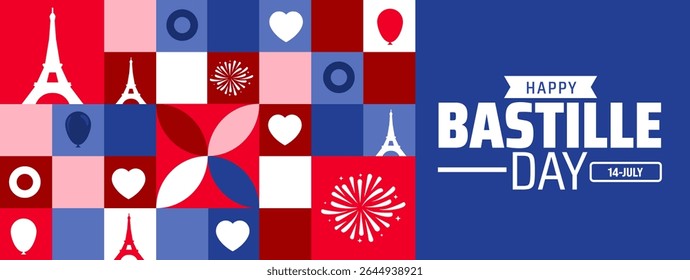 Happy Bastille Day background or banner design. French Flag Colors with Eiffel Towers, Hearts, Balloons, and Fireworks in a Dynamic Tiled Pattern.