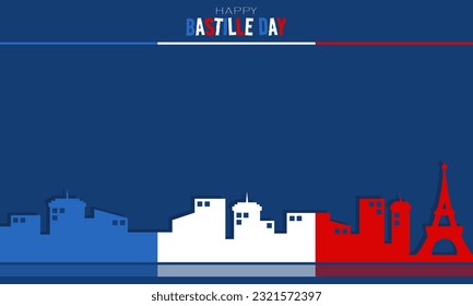 Feliz Día de la Bastilla fondo con colorida ciudad y espacio de copias