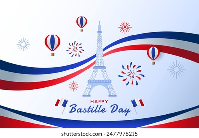 Happy Bastille Day background with wavy French Flag, Eiffel Tower, hot air balloon and fireworks. Abstract French National day vector illustration template for web, banner, flyer, poster.