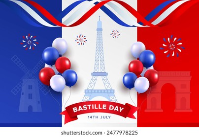 Happy Bastille Day background with wavy ribbon, Eiffel Tower, balloons and fireworks. French National day vector illustration template for web, banner, flyer, poster.