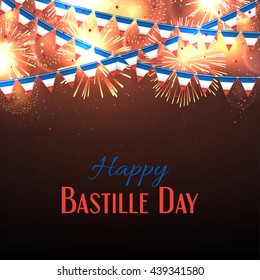 Happy Bastille Day banner. Background with fireworks and with a garland from France flags. 14 july celebration poster, vector illustration.