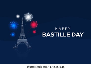 happy bastille day banner, eiffel tower and fireworks with blue background