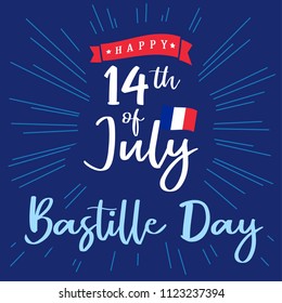 Happy Bastille Day banner with inscription and national flag on beams. National holiday in France 14 of july vector greetings card. Celebrate French Republic anniversary 1789 year