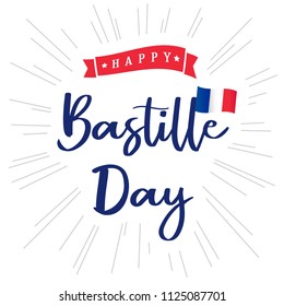 Happy Bastille Day banner with inscription and national flag on beams. National holiday in France 14 of july vector greetings card. Celebrate French Republic anniversary 1789 year