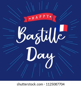 Happy Bastille Day banner with inscription and national flag on beams. National holiday in France 14 of july vector greetings card. Celebrate French Republic anniversary 1789 year