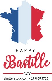 happy bastille day beautiful typographic lettering with the map of France over white background, bastille day vector design