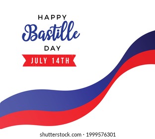 happy bastille day beautiful typography lettering with red and blue france flag color ribbons