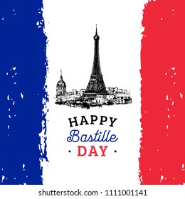 Happy Bastille Day calligraphy design. Drawn illustration of Eiffel Tower. French National flag background. 14th July concept for greeting card, festive poster etc.