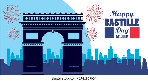 happy bastille day celebration with arch of triumph vector illustration design