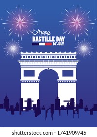 happy bastille day celebration with arch of triumph vector illustration design