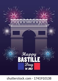 happy Bastille day celebration with arch of triumph vector illustration design