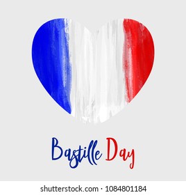 Happy Bastille Day celebration background. France National day. Grunge watercolor flag in heart shape. Template for poster, banner, flyer, invitation,  etc.