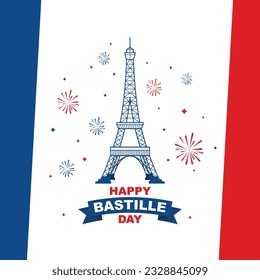 Happy Bastille Day Celebration Banner. France National Day. Greeting Card. Eiffel Towel Vector Illustration