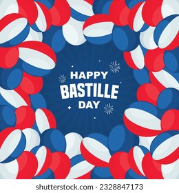 Cartel de la celebración del Día de la Bastilla y tarjeta de felicitación. Día Nacional de Francia 14 de julio. Ilustración vectorial de los globos de colores franceses.