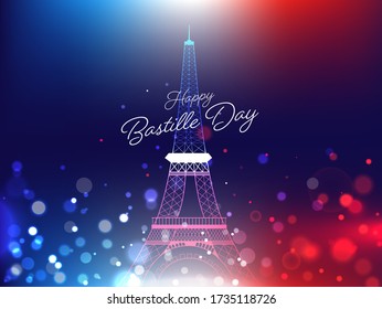 Happy Bastille Day Celebration Concept with Eiffel Tower Monument on Abstract Bokeh Lights Effect Background.