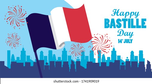 happy bastille day celebration with flag vector illustration design