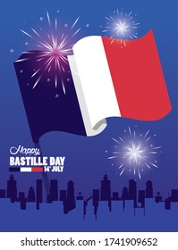 happy bastille day celebration with flag vector illustration design