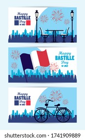 Happy Bastille Day Celebration With Flag And Bicycle Vector Illustration Design