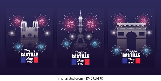 happy bastille day celebration with flags and monuments vector illustration design