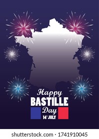 Happy Bastille day celebration with france flag and map vector illustration design