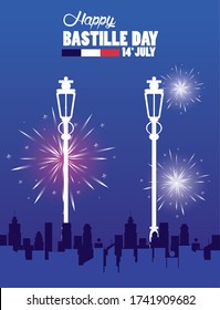 Happy Bastille Day Celebration With Lamps And Cityscape Vector Illustration Design