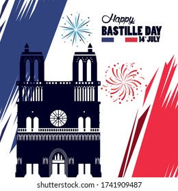 happy bastille day celebration with Notre Dame Cathedra vector illustration design