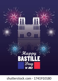 happy bastille day celebration with Notre Dame Cathedra vector illustration design