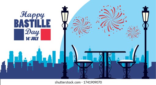 happy bastille day celebration with restaurant table and chairs vector illustration design