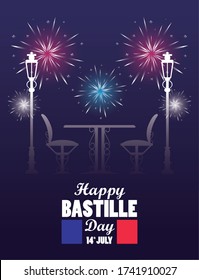 Happy Bastille Day Celebration With Restaurant Table And Chairs Vector Illustration Design