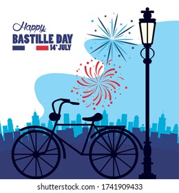 Happy Bastille Day Celebration With Retro Bicycle Vector Illustration Design